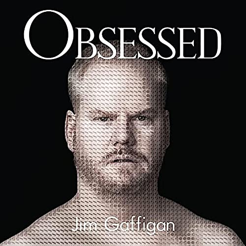 Jim Gaffigan’s “Obsessed” album cover: halftone portrait with white text.