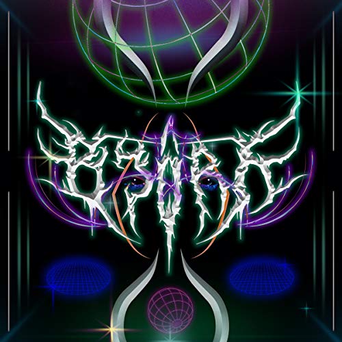 Björk album cover featuring stylized face with glowing neon elements.