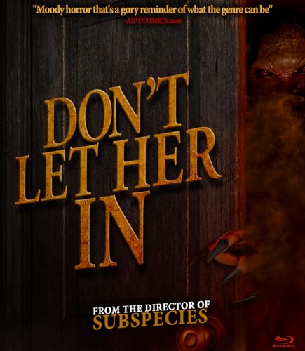 Blu-ray cover for horror film "Don't Let Her In" with a cracked door.