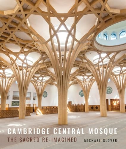 Interior view of Cambridge Central Mosque with intricate wooden ceiling.