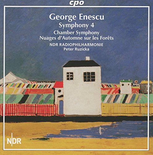 CD cover for Enescu's Symphony No. 4 featuring colorful beach houses.