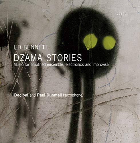 CD cover for "Dzama Stories" featuring a dark, abstract figure with glowing eyes.
