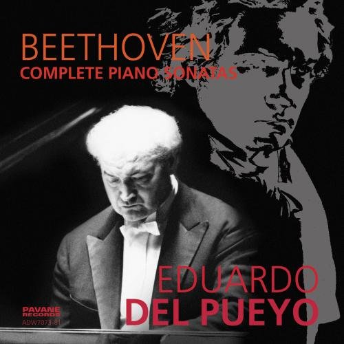 Black and white CD cover featuring pianist Eduardo del Pueyo and Beethoven.