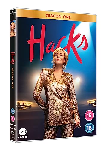 DVD cover for Hacks Season One featuring a woman in a gold sequined suit.