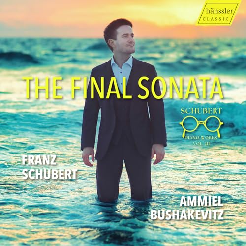 CD cover featuring pianist Ammiel Bushakevitz standing in ocean waves.