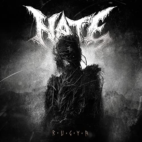 Dark album cover for "Hate - Rugia" featuring a shadowy, textured figure.