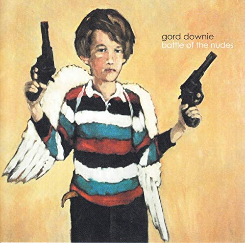 Painted portrait of a child with wings holding two guns.