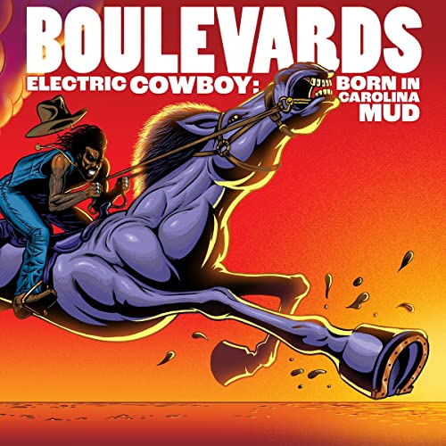 CD cover: Cowboy riding a purple horse against an orange sunset.
