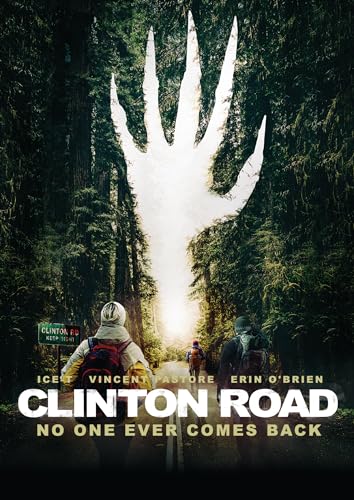 DVD cover for horror film "Clinton Road" featuring a large hand and forest.