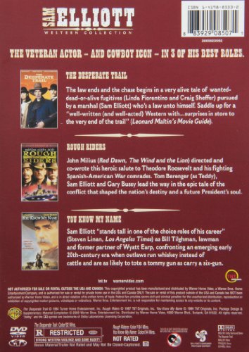 DVD back cover featuring Sam Elliott in three Western films: "The Veteran," "Rough Riders," and "You Know My Name.