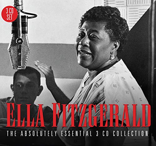 Ella Fitzgerald portrait with microphone, album cover for a 3-CD collection.
