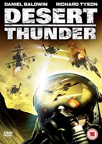 DVD cover for "Desert Thunder" featuring a pilot’s helmet and fighter jets.