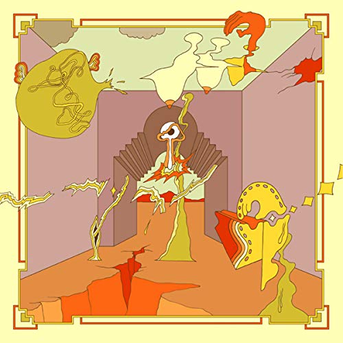 Abstract album cover with surreal figures in a colorful, patterned landscape.