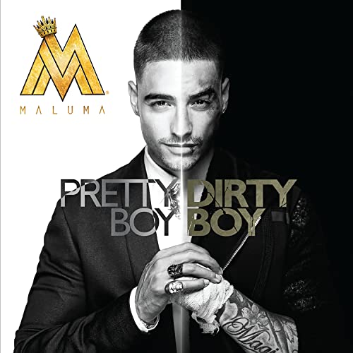 Split-tone portrait of Maluma with album title "Pretty Boy Dirty Boy".