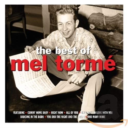 Black and white photo of Mel Tormé holding sheet music with red text overlay.