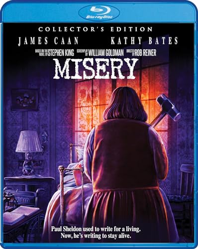 “Misery” Blu-ray cover: woman with hammer standing over a bed.