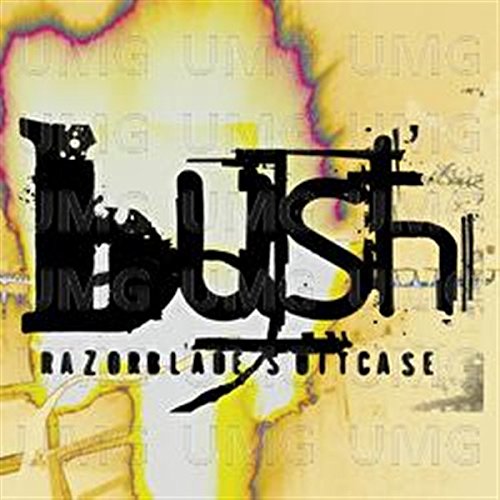 Bush’s “Razorblade Suitcase” album cover with distressed black text on yellow.