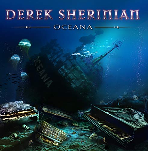 CD cover for Derek Sherinian’s “Oceana” depicting a sunken ship and keyboards.
