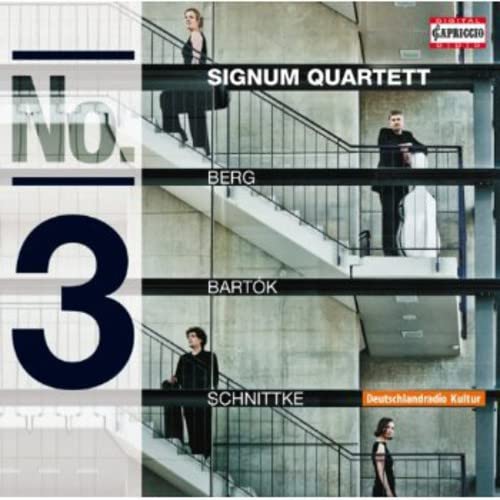 CD cover for Signum Quartett’s String Quartets No. 3, featuring musicians on stairs.