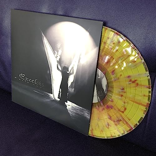 Vinyl record of "Excelsis" with dark cover art and marbled yellow disc.