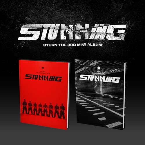 Red and black album cover for 8TURN’s “Stunning” CD, with group photo.