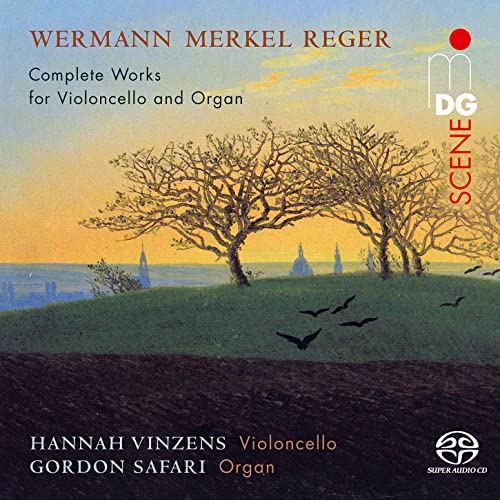 CD cover featuring a landscape paintingL painting of trees and birds at sunset.