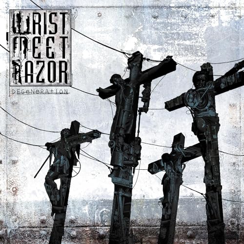 Album cover depicting three dark, mechanical figures crucified against a textured, metallic industrial background.