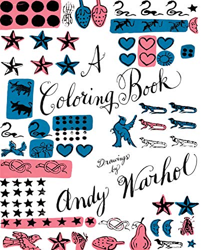 Colouring book featuring Andy Warhol's drawings, with blank and outlined illustrations to fill.