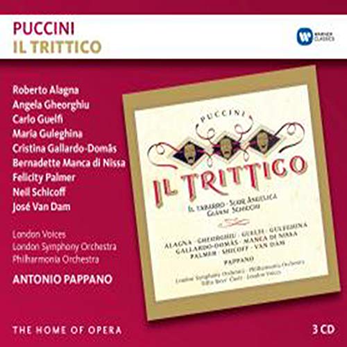CD cover for Puccini’s *Il trittico* with gold lettering and red background.