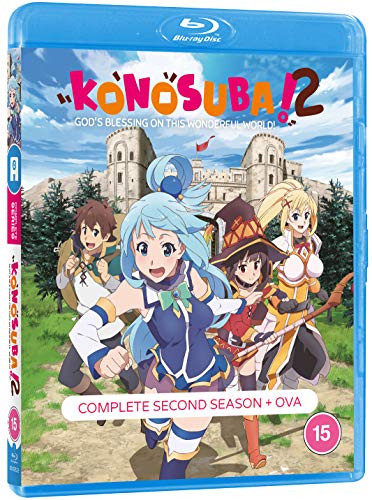 Anime characters running in front of a castle on a Konosuba Season 2 Blu-ray case.
