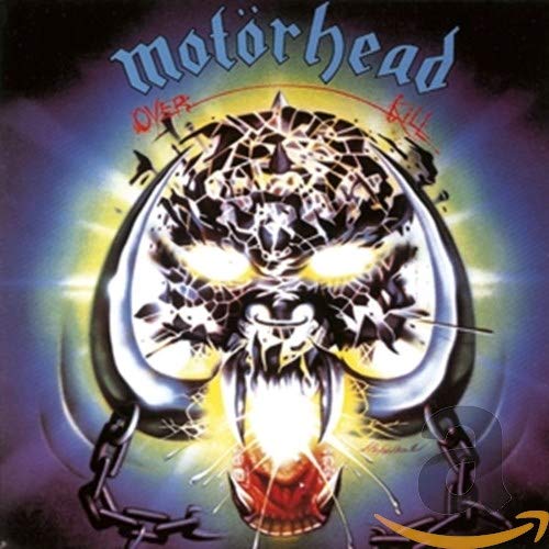 Motörhead Overkill album cover featuring a glowing, metallic war-pig skull with chains.