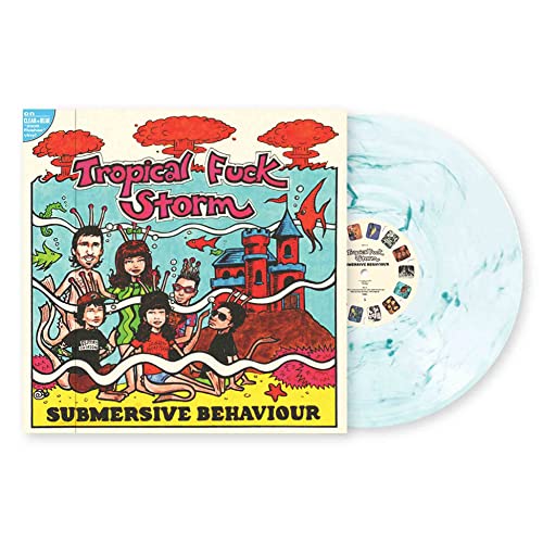 Tropical Fuck Storm album cover with cartoon characters and a marbled blue vinyl record.