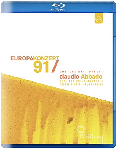 Blu-ray case for Mozart’s Europakonzert 1991 Prague performance with yellow abstract design.