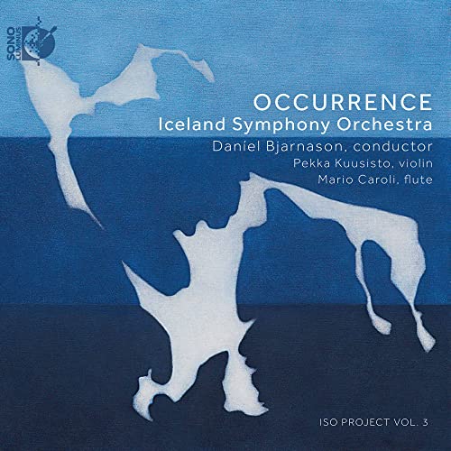 Album cover for Occurrence by Iceland Symphony Orchestra featuring abstract white shapes on blue.