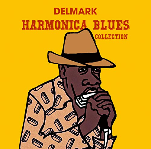 CD cover: illustrated man playing harmonica, yellow background, "Delmark Harmonica Blues.