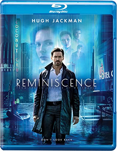 Reminiscence" Blu-ray cover featuring Hugh Jackman in a futuristic, rainy cityscape.