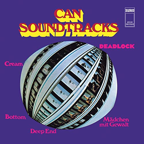 CAN "Soundtracks" album cover: purple and orange text over abstract imagery.