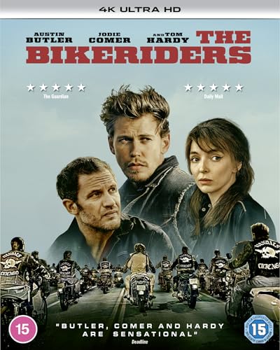 “The Bikeriders” Blu-ray cover featuring Austin Butler, Jodie Comer, and Tom Hardy.