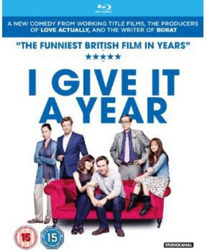 “I Give It A Year” Blu-ray cover with cast seated on a pink sofa.