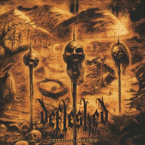 Dark album cover featuring skulls on spikes and a gothic landscape.