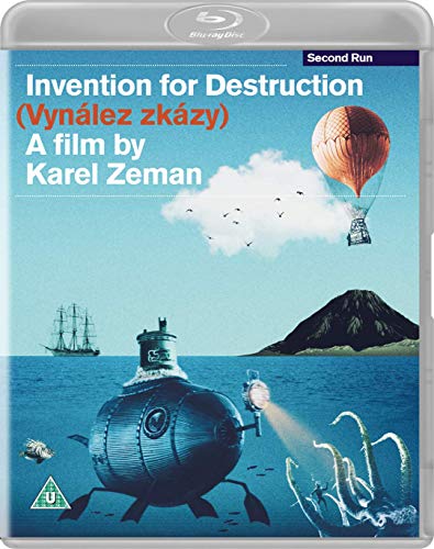 Invention for Destruction" Blu-ray cover featuring a submarine, hot air balloon, and island.