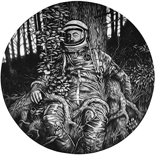 Black and white illustration of an astronaut resting among mushrooms and trees.