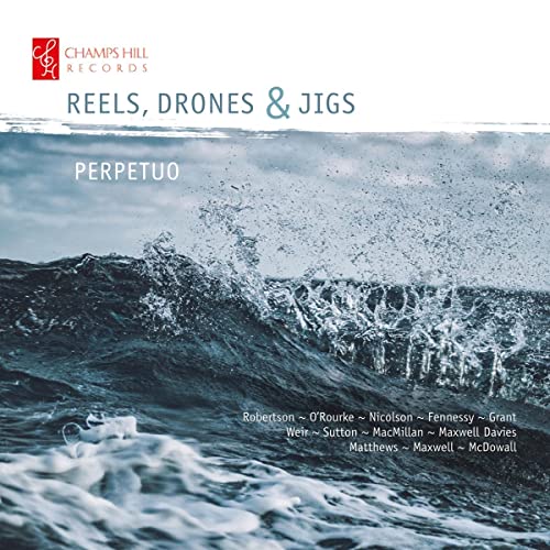 CD cover for “Perpetuo - Reels, Drones & Jigs” with ocean wave imagery.