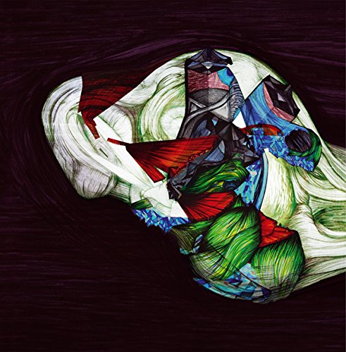 Abstract, colorful artwork with fragmented shapes against a dark background.