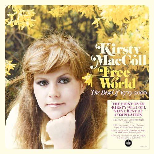 Kirsty MacColl album cover, “Free World,” with portrait and yellow flowers.