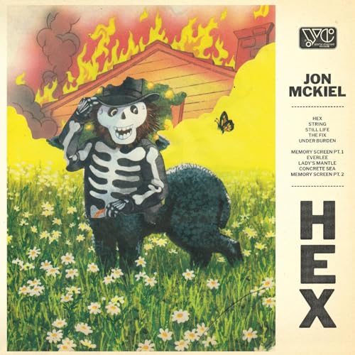 CD cover for Jon McKiel’s “Hex” featuring a skeleton cowboy and burning house.