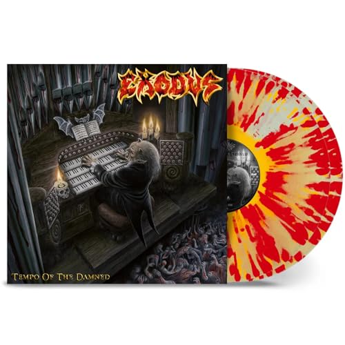 Exodus album cover and marbled red, yellow vinyl record.
