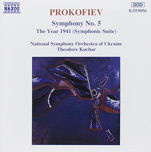 CD cover for Prokofiev’s Symphony No. 5 with abstract blue and gold art.