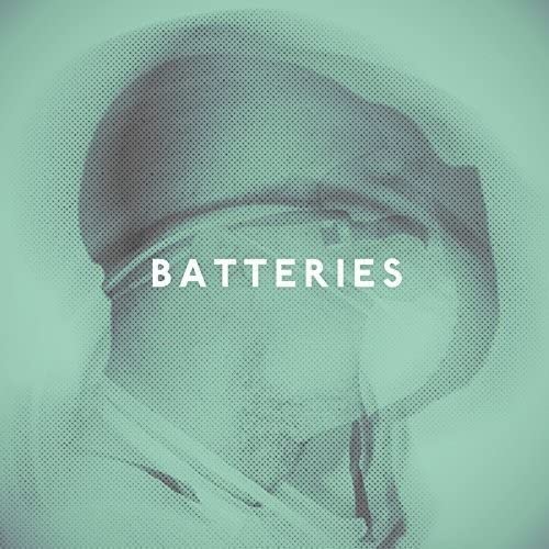 Batteries album cover with halftone pattern and obscured face.