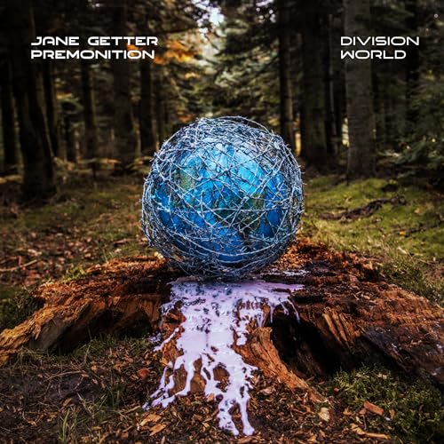 CD cover: wire globe on tree stump in a dark forest.